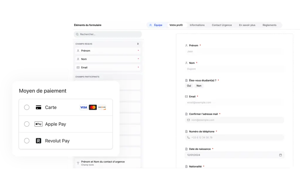 Formulaire d'inscription mobile Dossard Club avec paiement Apple Pay en un geste