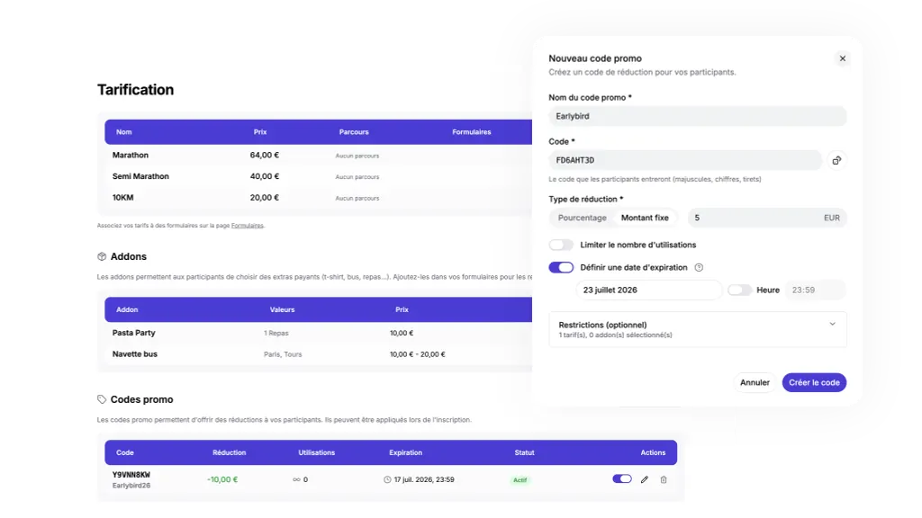 Gestion des addons Dossard Club : kit coureur, repas et goodies ajoutés à l'inscription